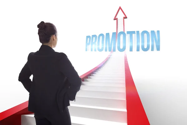 Promotion against red arrow with steps graphic — Stock Photo, Image