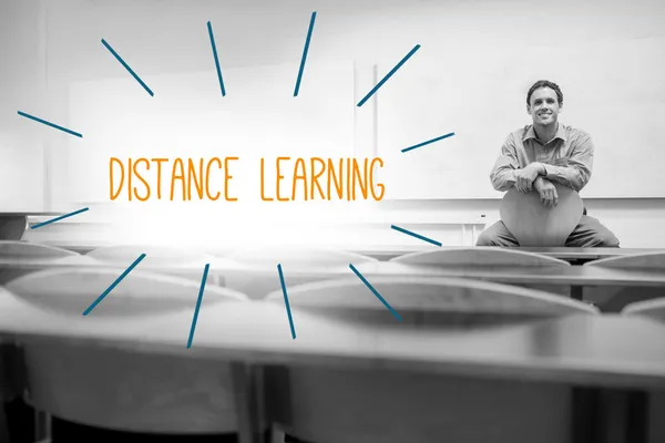 Distance learning against lecturer sitting in lecture hall — Stock Photo, Image