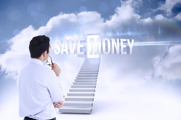 Save money against open door at top of stairs in the sky — Stock Photo, Image