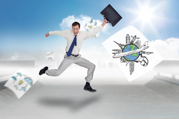 Jumping businessman with his suitcase — Stock Photo, Image