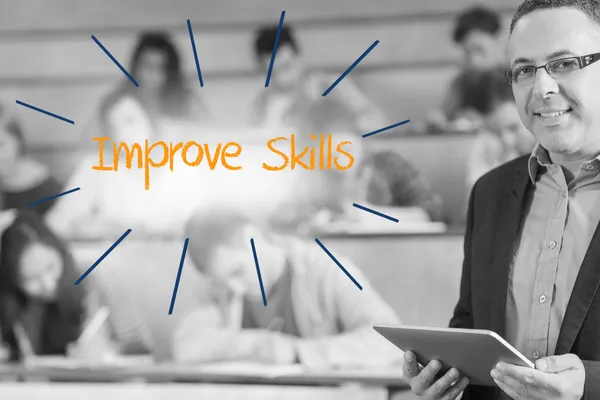 Improve skills against lecturer standing in front of his class in lecture hall — Stock Photo, Image