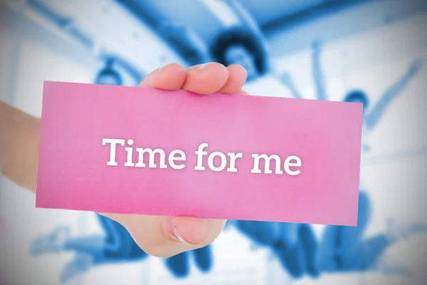 Woman holding pink card saying time for me — Stock Photo, Image