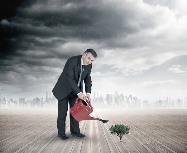 Mature businessman using watering can — Stock Photo, Image