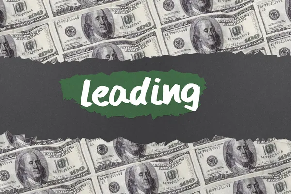 Leading against digitally generated sheet of dollar bills — Stock Photo, Image