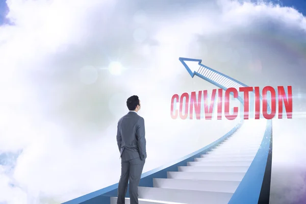 Conviction against red staircase arrow pointing up against sky — Stock Photo, Image