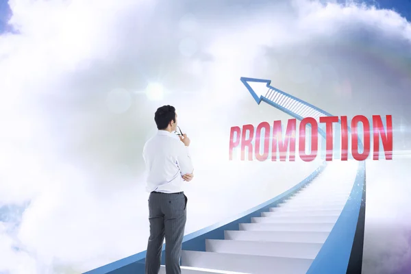 Promotion against red staircase arrow pointing up against sky — Stock Photo, Image