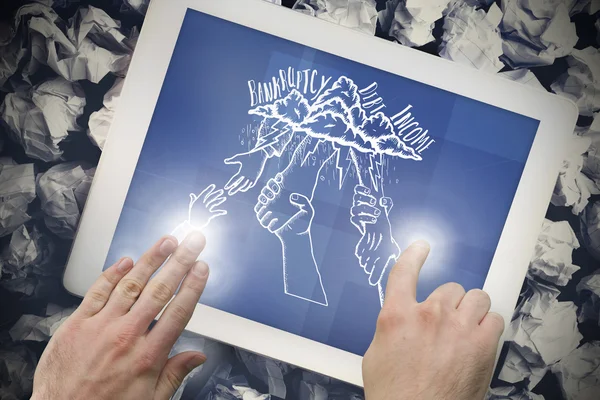 Composite image of hand touching tablet — Stock Photo, Image