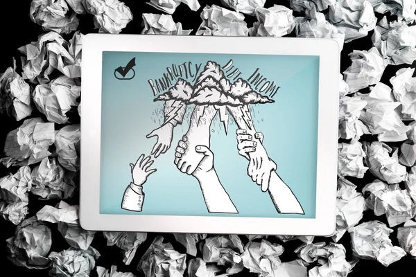 Sammansatt bild av konkurs och skulden doodle med hjälpande händer — Stockfoto