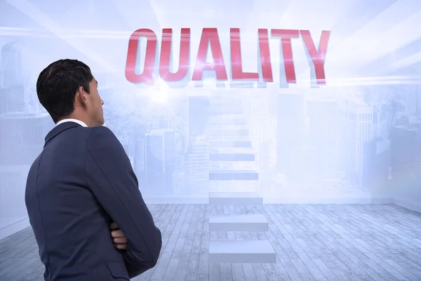 Quality against city scene in a room — Stock Photo, Image