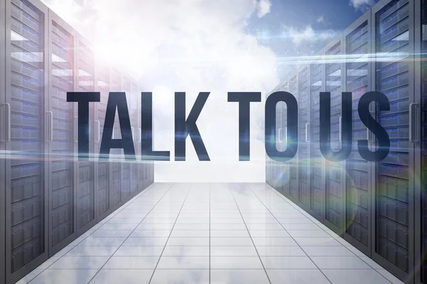 Talk to us against server hallway in the sky — Stock Photo, Image
