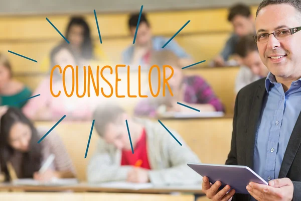 Counsellor against lecturer standing in front of his class in lecture hall — Stock Photo, Image