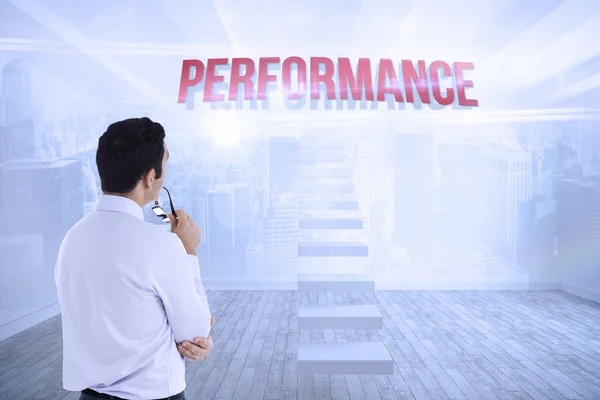 Performance against city scene in a room — Stock Photo, Image