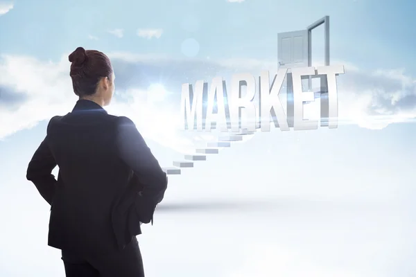 Market against white steps leading to open door — Stock Photo, Image