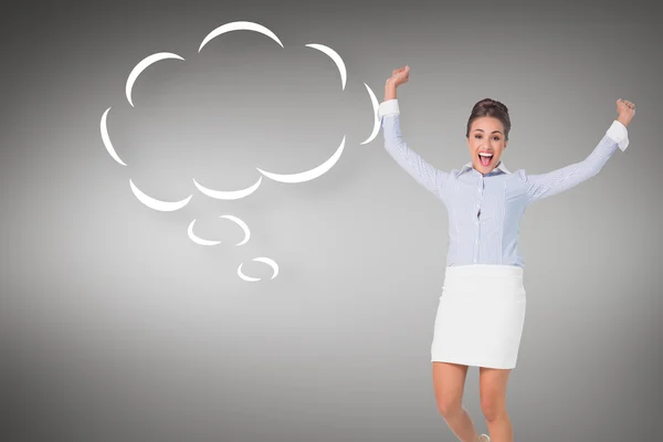Businesswoman jumping with speech bubble — Stock Photo, Image