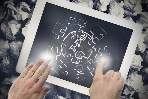 Composite image of hand touching tablet — Stock Photo, Image