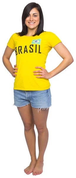 Pretty football fan in brasil tshirt — Stock Photo, Image