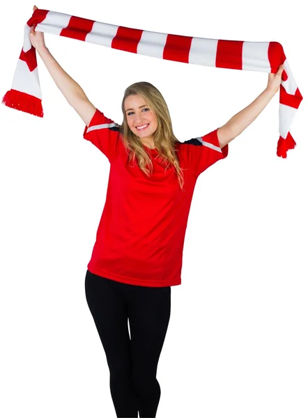 Cheering football fan in red — Stock Photo, Image