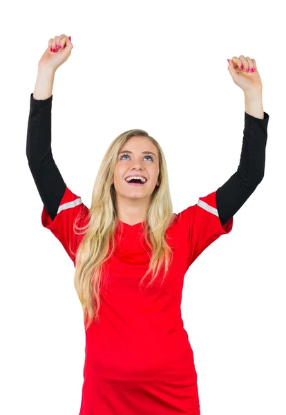 穿红衣服的欢呼足球迷。 — 图库照片