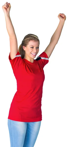 Cheering football fan in red — Stock Photo, Image