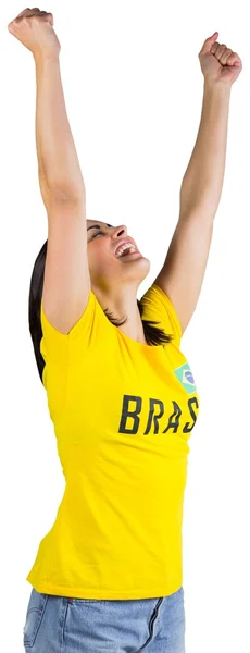 Excited football fan in brasil tshirt — Stock Photo, Image