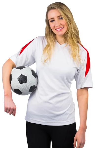 Pretty football fan smiling — Stock Photo, Image