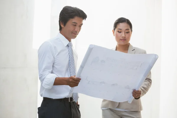 Estate agent and buyer looking at blueprint — Stock Photo, Image