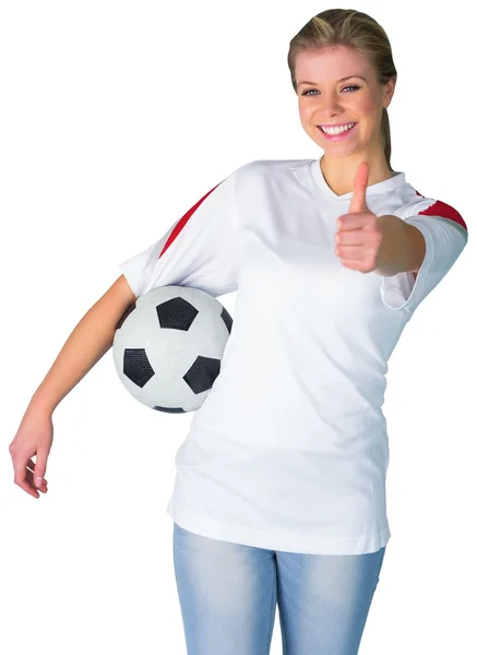 Jolie fan de football en blanc souriant — Photo