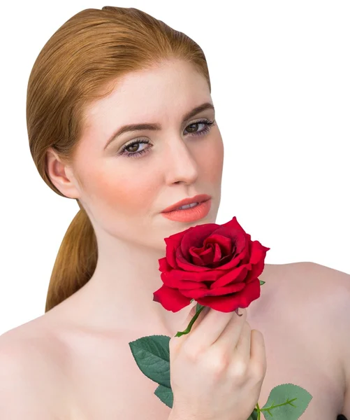 Redhead posing with red rose — Stock Photo, Image