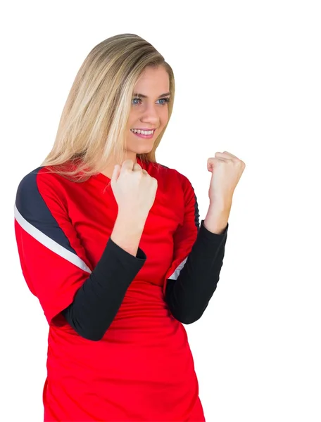 Cheering football fan in red — Stock Photo, Image