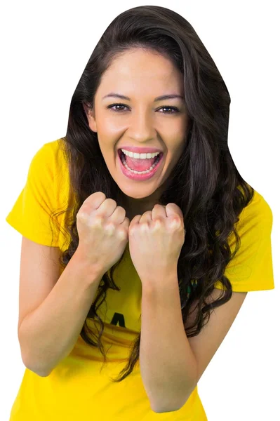 Torcedor de futebol animado em tshirt brasil — Fotografia de Stock