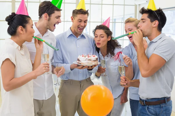 Businessmen team celebrating a birthday — Stock Photo, Image