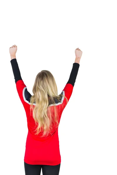 Cheering football fan in red — Stock Photo, Image