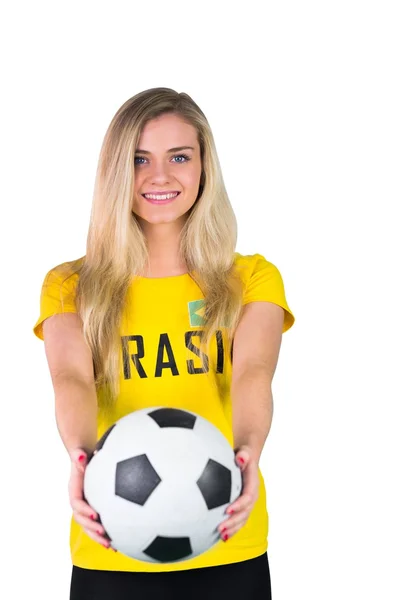 Pretty football fan in brasil tshirt — Stock Photo, Image