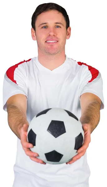 Abanico de fútbol sonriente en blanco — Foto de Stock