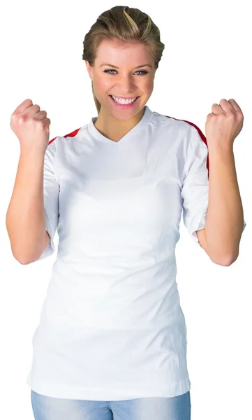 Pretty football fan in white cheering — Stock Photo, Image