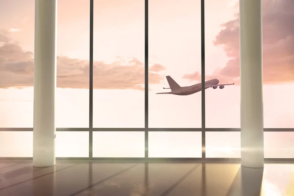 Airplane flying window at sunrise — Stock Photo, Image