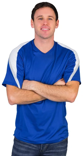 Smiling football fan in blue — Stock Photo, Image