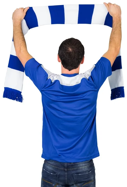 Football fan in blue holding scarf — Stock Photo, Image