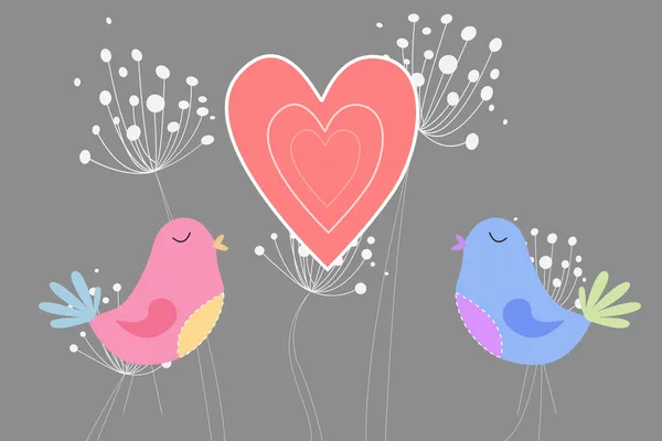 Love birds with heart and dandelions — Stock Photo, Image