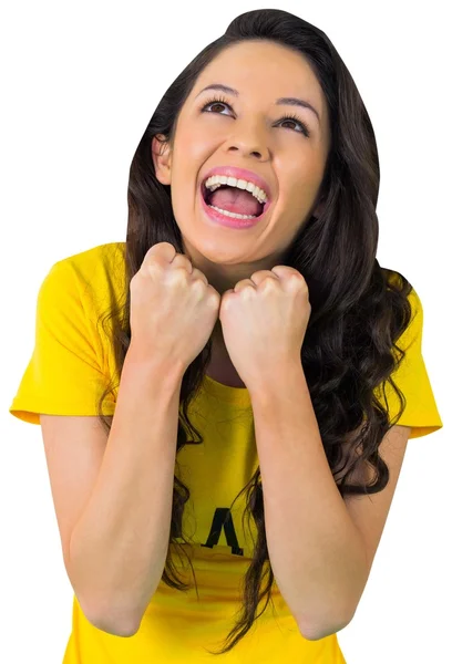 Excited football fan in brasil tshirt — Stock Photo, Image