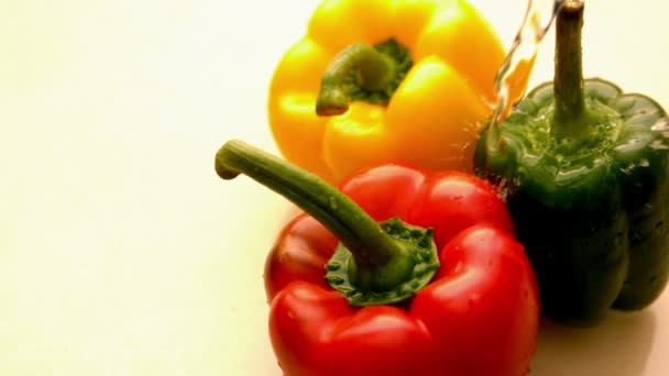 Water pouring on selection of peppers — Stock Video