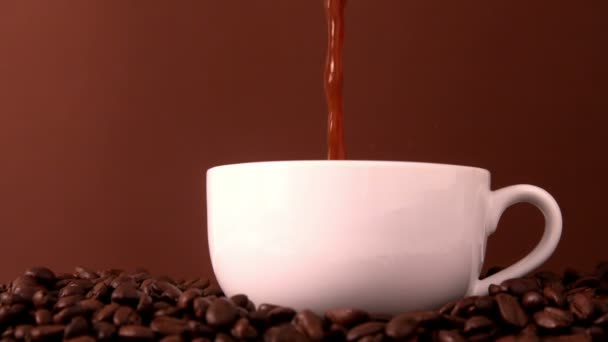 Hot coffee pouring into white cup — Stock Video