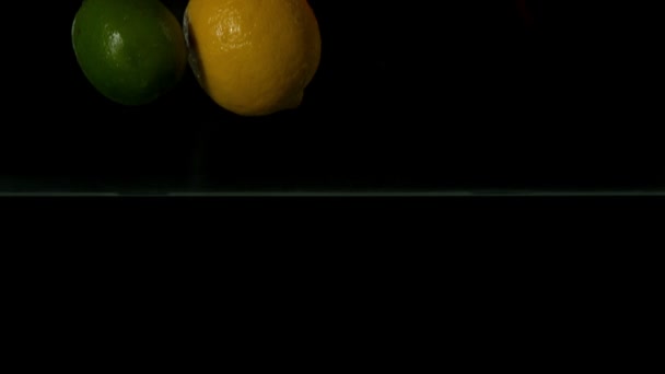 Orange citron et citron vert plongeant dans l'eau — Video