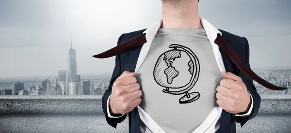 Kompositbild eines Geschäftsmannes, der Hemd im Superhelden-Stil öffnet — Stockfoto
