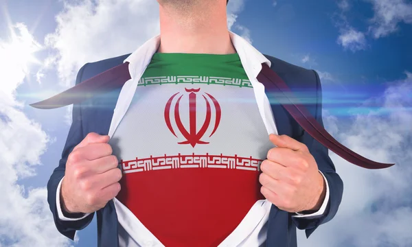 商人开放体恤衫露出伊朗国旗 — 图库照片