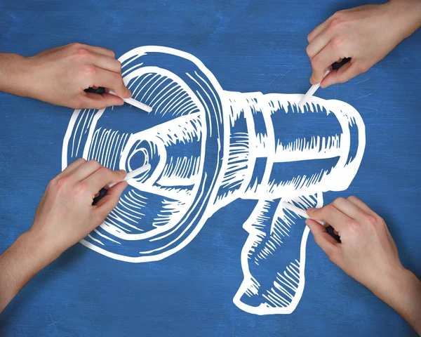 Multiple hands drawing megaphone with chalk — Stock Photo, Image
