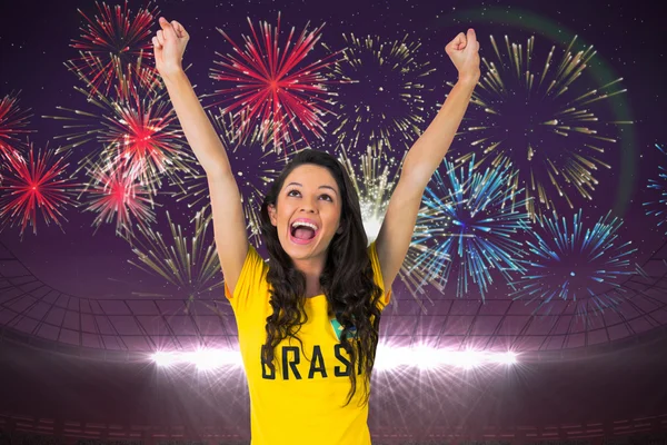 Excited football fan in brazil t-shirt — Stock Photo, Image