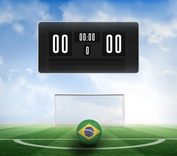 Samengestelde afbeelding van zwarte scorebord met geen score en voetbal — Stockfoto