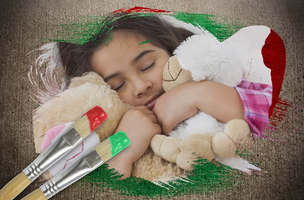 Pequena menina abraçando teddys — Fotografia de Stock