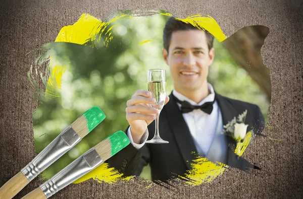 复合图像的新郎带着香槟敬酒 — 图库照片